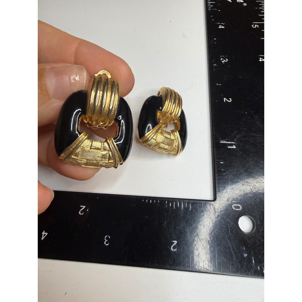 Gay Boyer Black Enamel Gold Tone Door Knocker Clip On Earrings Statement Jewelry